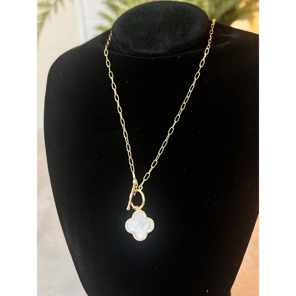 Argento Vivo Gold Over Sterling Silver White Mother Pearl, CZ, Clover Necklace